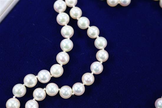 *A Mikimoto single strand cultured pearl necklace with 18ct gold clasp, with Mikimoto box, 36in.